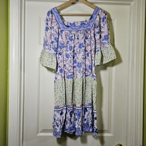 GiGio Multi Print Dress Floral Pink Blue Yellow Boho Eclectic Prairie Small